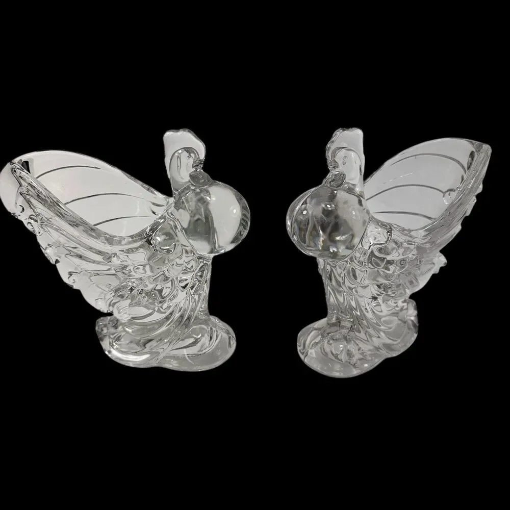 2 Vintage Heisey Glass Clear Chanticleer Rooster Chicken Animal 6
